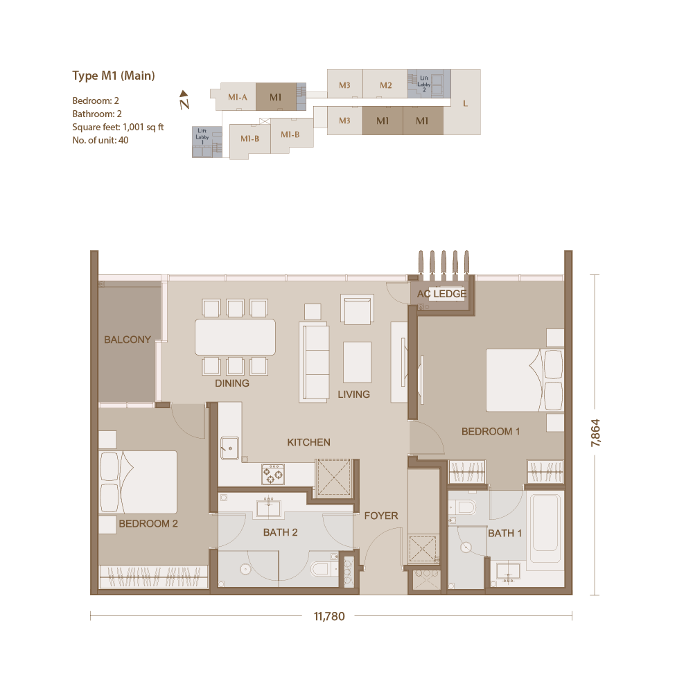 One Eleven Menerung, (M1) 2 Bedrooms 2 Bathrooms, 1001 sqf, Bangsar, Kuala Lumpur Malaysia