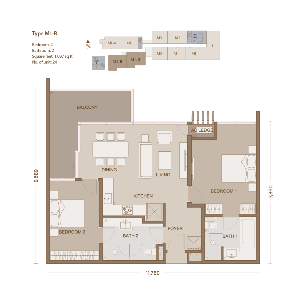 One Eleven Menerung, (M1-B) 2 Bedrooms 2 Bathrooms, 1087 sqf, Bangsar, Kuala Lumpur Malaysia