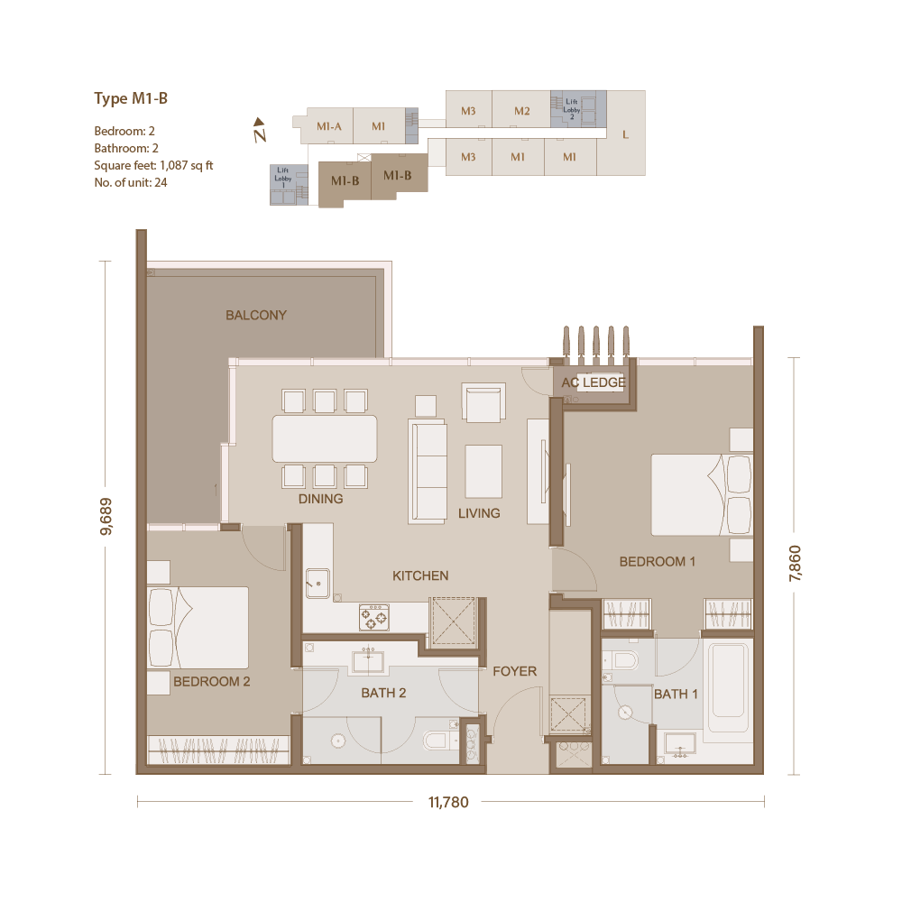 One Eleven Menerung, (M1-B) 2 Bedrooms 2 Bathrooms, 1087 sqf,  Bangsar, Kuala Lumpur Malaysia