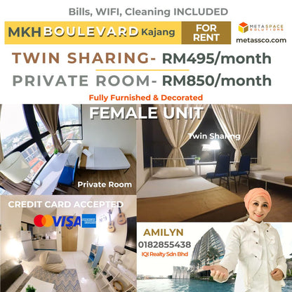 FEMALE Private & Sharing Room, Air-Con Free WIFI/Electricity/Water, Infinity Pool, MRT/KTM MKH Boulevard, Kajang